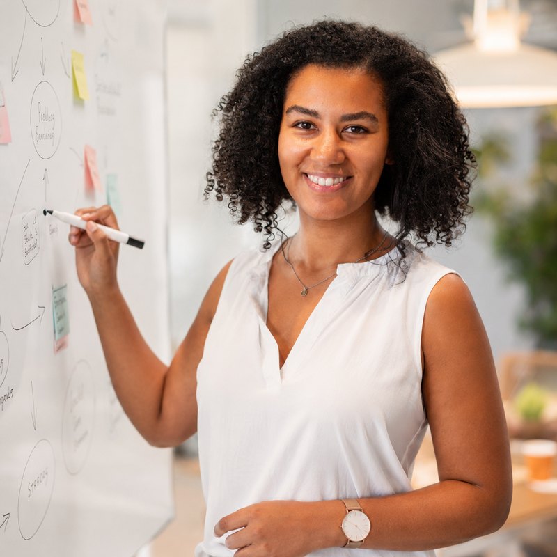 Farina Owusu erläutert ein Konzept am Whiteboard.