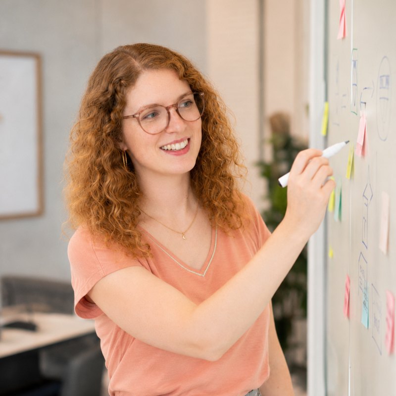 Mathilde Berhault schreibt Ideen an ein Whiteboard.