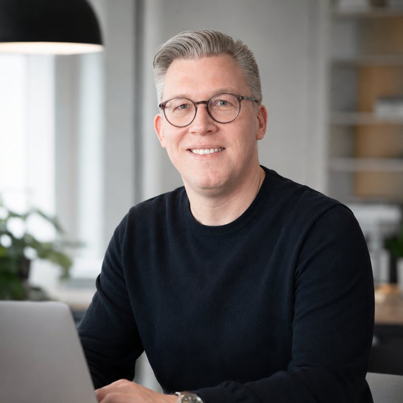 Peter Janze arbeitet konzentriert am Laptop.